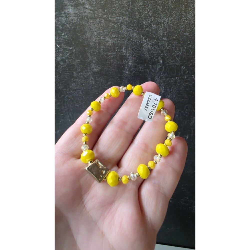 Lizas Yellow And Gold Tone Metal Beaded Stretchy Bracelet New With Tags